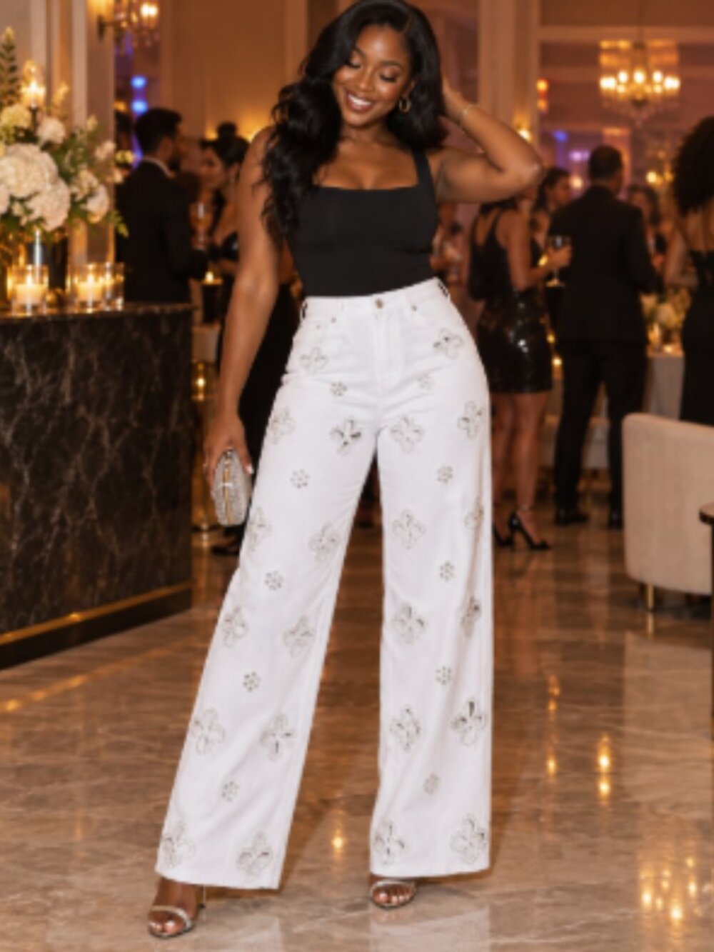 White Rhinestone Wide-Leg Jeans